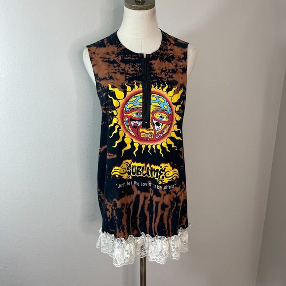 Sublime Tops - Sublime Upcycled Large Muscle Tee Tank Top Bleached Black Zip Front Lace Trim